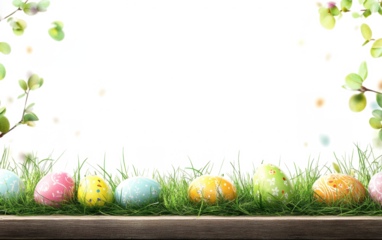 A template of six painted easter eggs celebrating a Happy Easter with a wooden bench & green meadow grass to place products in front of with a transparent background