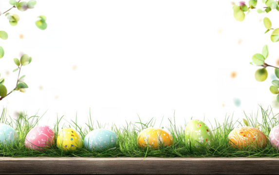 A template of six painted easter eggs celebrating a Happy Easter with a wooden bench & green meadow grass to place products in front of with a transparent background
