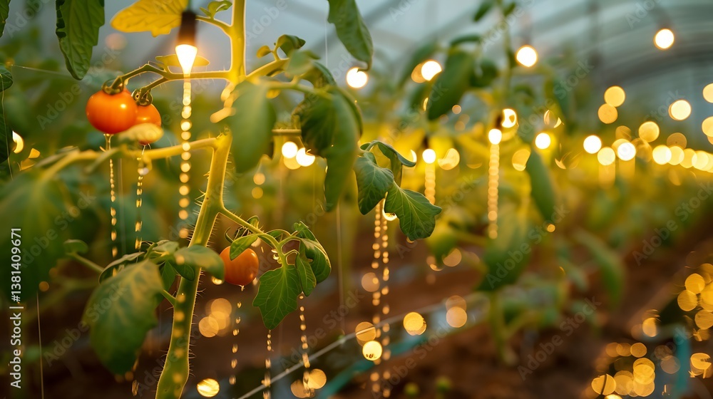 Poster efficient sprinkler system in a tomato field, reducing water waste through precise application