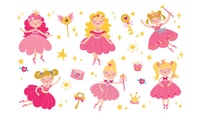 Childrens ballerinas set with princess accessories. Kids vector characters. Beautiful girls with pink dress and magic wands. Cartoon girlish stickers with isolated on a white background. Use for print