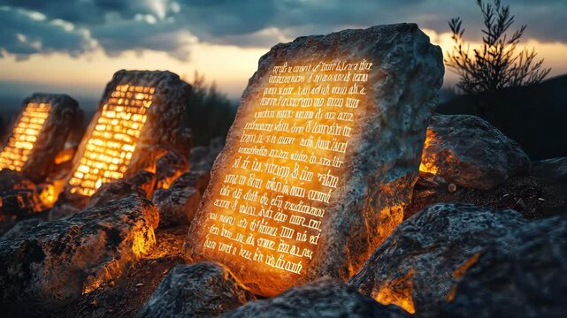 The Ten Commandments are inscribed on ancient stone tablets, softly glowing in the warm sunset light, placed on a mountain landscape, symbolizing faith, wisdom, and divine guidance