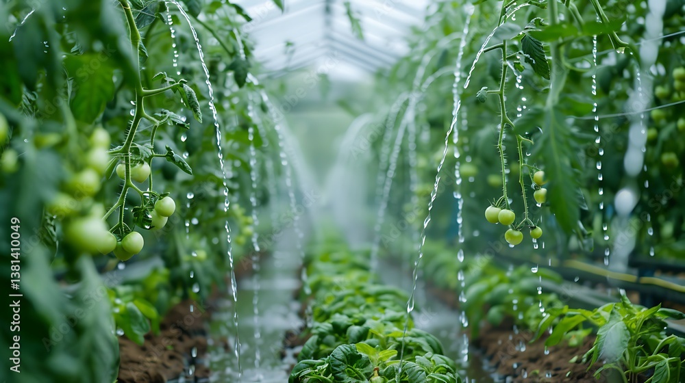 Poster efficient sprinkler system in a tomato field, reducing water waste through precise application