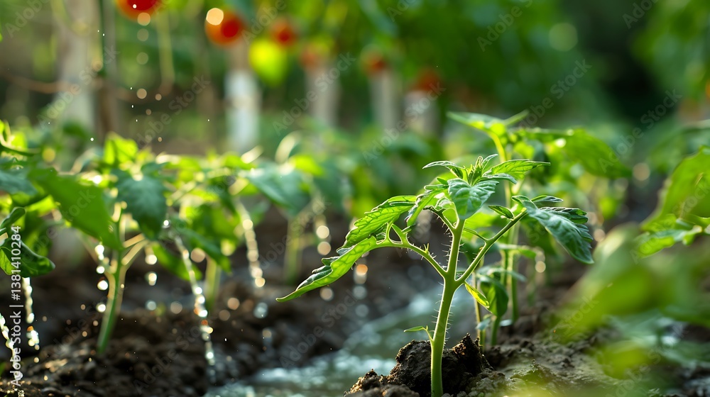 Poster efficient sprinkler system in a vegetables field, reducing water waste through precise application