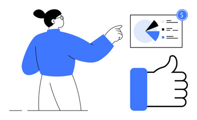 Woman pointing at pie chart and data on financial board representing analytics, success and strategy. Thumbs-up emphasizes progress, performance. Ideal for goals, teamwork, finance, achievement