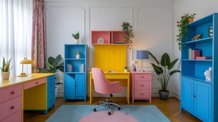 Pastel colored study room with modern desks and natural lighting