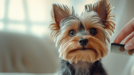 Yorkshire Terrier being groomed