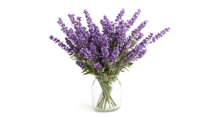 Naklejka premium A vibrant bouquet of lavender flowers in a simple glass vase, set against a stark white background