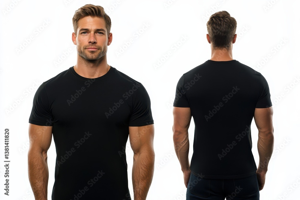 Poster front and back view of a man in a black tshirt male model wearing a black color henley tshirt on a w