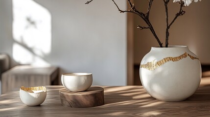 Serene Kintsugi inspired interior where broken ceramics repaired golden seams featuring earthy tones natural wood textures asymmetrical designs an aesthetic that celebrates imperfection and resilience