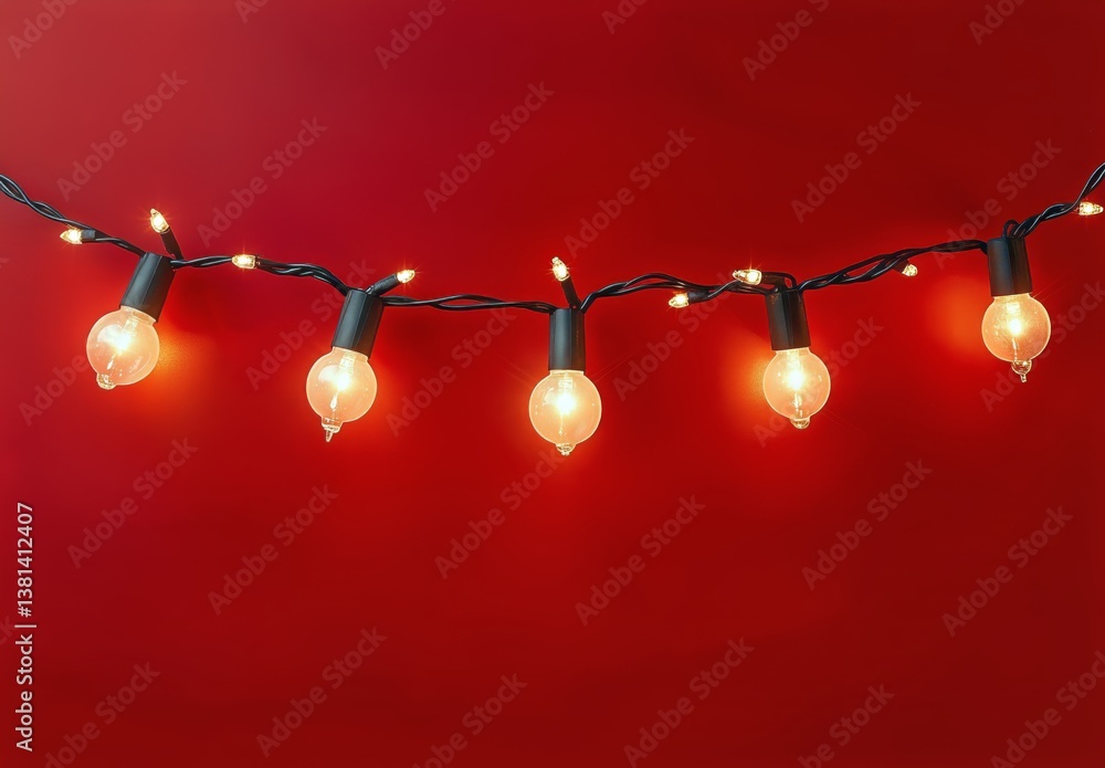Poster string lights illuminate a vibrant red background in a festive setting for celebrations