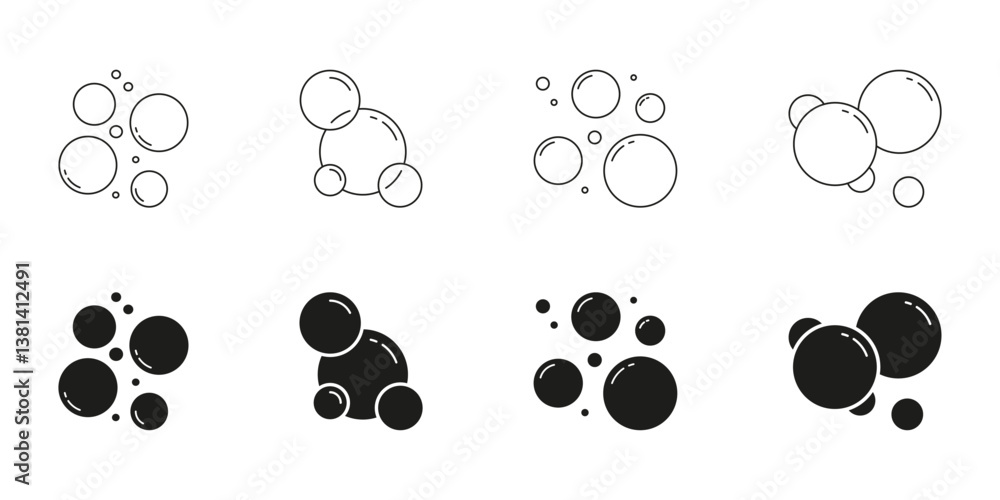 Poster bubble cluster and soap foam line and solid icon set. floating air bubbles and water droplets symbol
