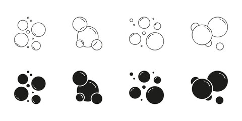 Fototapeta premium Bubble Cluster And Soap Foam Line And Solid Icon Set. Floating Air Bubbles And Water Droplets Symbol Collection. Isolated Vector Illustration