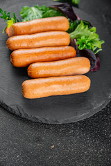Sausages meat tasty fresh gourmet food background table rustic food top view copy space