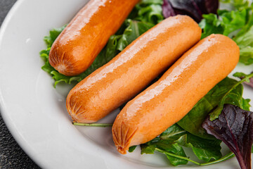 Sausages meat tasty fresh gourmet food background table rustic food top view copy space