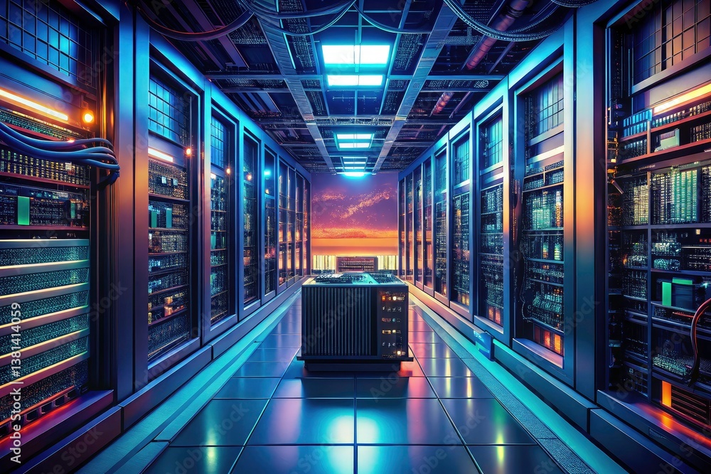 Poster cloud server data center: digital infrastructure, hosting, network, computing power, virtualization,
