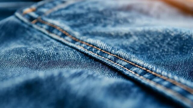Close-up view of denim fabric showcasing detailed stitching under natural light