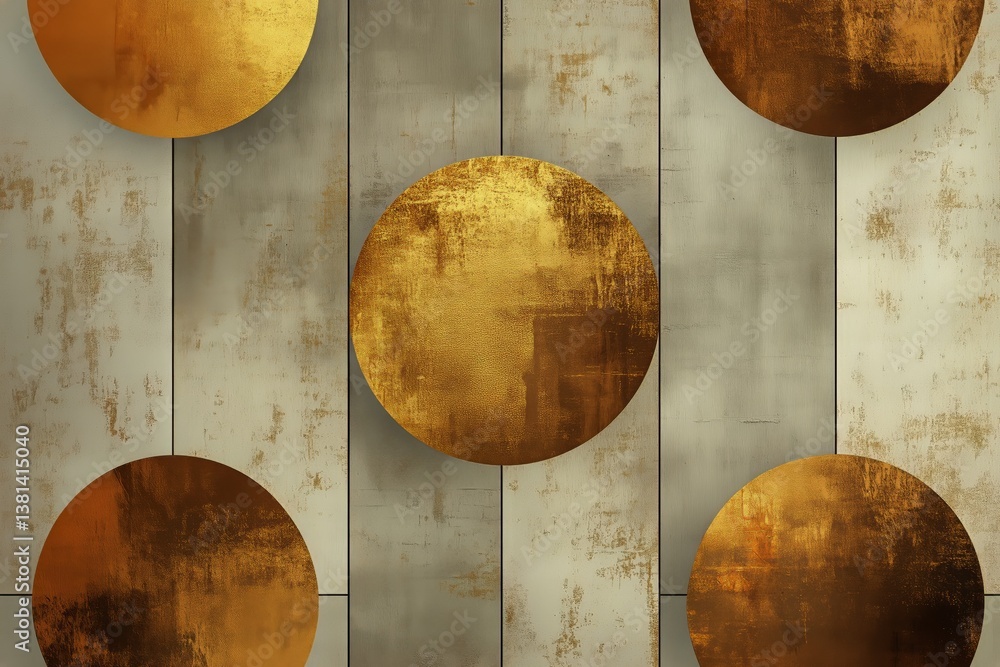 Poster decorative geometric pattern with gold circles on textured background in modern design