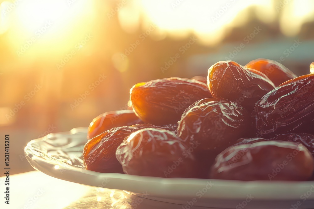 Poster close-up of shiny dates on a plate, basking in warm sunset light with blurred background