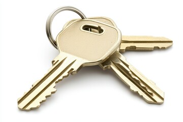 Close-up of three golden keys on a keyring, showcasing intricate designs and textures