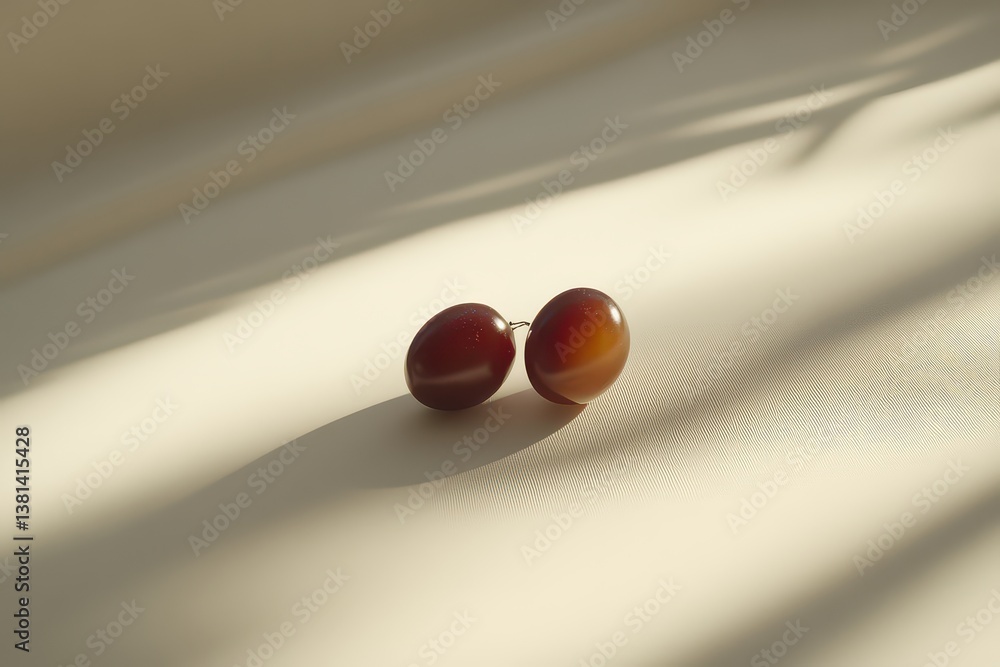 Poster close-up of two glossy red grapes casting soft shadows on a light background, evoking freshness