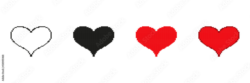 Poster heart pixelated icon set. pixel art symbol collection of heart designs in different styles. isolated