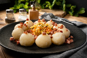 Meat stuffed potato dumplings.