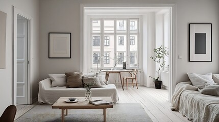 Serene Scandinavian minimalist interior featuring clean lines a muted color palette natural wood textures cozy textiles and functional yet stylish furniture radiating simplicity and elegance