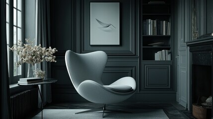 Serene Modern Interior: Egg Chair in a Dark, Luxurious Room