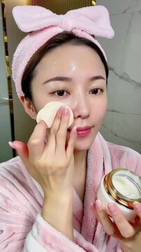 A beautiful asian young woman with healthy bright skin carefully applies cosmetic cream from a jar to her face. Waist up portrait, she is wearing a light pink terry robe and bow on her head