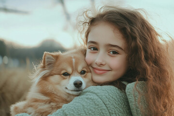 Generative AI image of a thoughtful child and loyal dog sharing a peaceful moment in a serene outdoor field