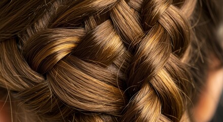 Naklejka premium Close Up Classic French Braid Hairstyle - Elegant, intricate, textured, brown, golden highlights. Symbolizing beauty, craftsmanship, , femininity, and sophistication