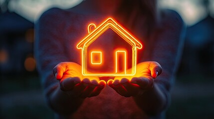 A hand holding a neon house symbolizing love, warmth