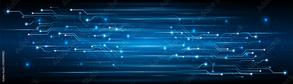 Poster Blue glowing lines with glitter light effect on dark background. High speed internet technology concept or fast wireless data transmission. modern internet network connection technology background	