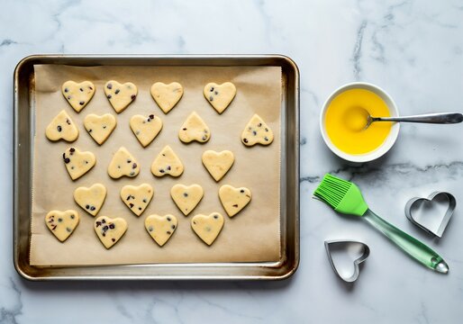 Heart-shaped cookie dough with dried berries on a baking sheet, ready for baking with egg wash and pastry brush on marble surface