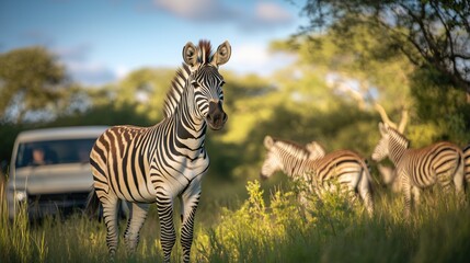 Wildlife safari featuring zebra group interactions near vehicle in natural habitat during golden hour