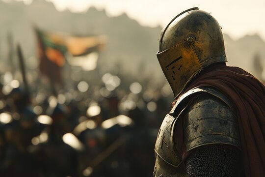 Envision a knight in shining armor as he readies himself for a jousting tournament, with squires nearby lending a hand with the preparations