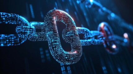 Digital chain links illuminated in blue light against a dark background representing technology