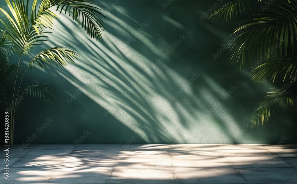 Poster shadows and greenery create a calming atmosphere in a minimalist space with plants and a green wall