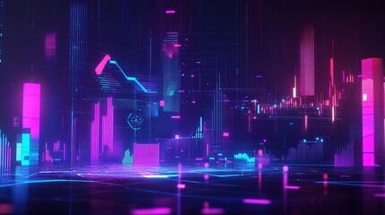 Abstract futuristic cityscape with neon lights and financial graph overlays in dark environment