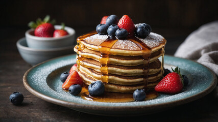 Delicious pancakes with maple syrup, blueberries and strawberries, perfect for a sweet breakfast or brunch