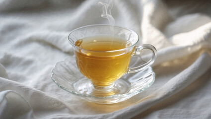 Transparent glass cup containing steaming herbal tea, placed on a matching saucer and white linen, creating a cozy and refreshing atmosphere