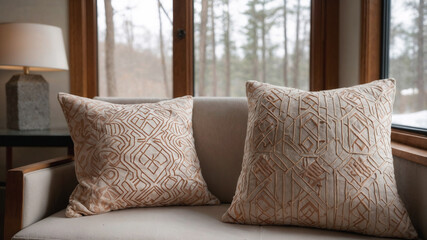 Embroidered cushions add a touch of warmth to a cozy window seat overlooking a serene winter forest