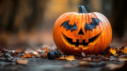 Spooky Halloween Jack-o'-lantern in Autumn Leaves