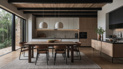 Modern open plan kitchen and dining area featuring wooden ceiling beams, minimalist furniture, and large windows offering natural light
