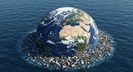 Fototapeta premium Planet Earth Drowning in Plastic - Global pollution, environmental crisis, ocean waste, plastic debris, climate change. A symbolic