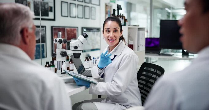 Ideas, scientist and group with tablet, lab and discussion for medical research, smile and treatment. Pharmaceutical, teamwork and people with tech for healthcare, info and happy for breakthrough