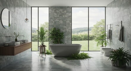 Serene Bathroom Design with Natural Elements and Elegant Tiles - Relaxing bathroom showcasing natural light, elegant tiles, lush plants, a freestanding bathtub