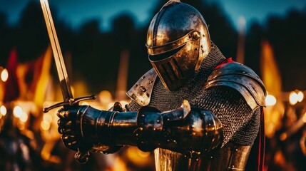 With lance in hand, a chivalrous knight in gleaming armor awaited his turn at the medieval tournament's jousting competition