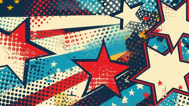 Retro Comic Stars and Stripes Design with Bold Halftone Textures for Vintage Posters and Graphics