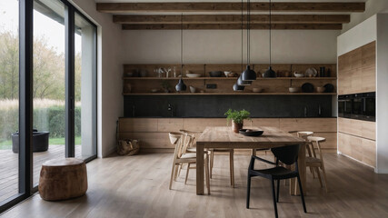 Modern open plan kitchen and dining area featuring wooden furniture, exposed beams, and minimalist design, creating a warm and inviting atmosphere